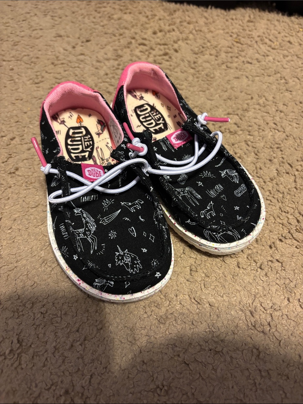 Hey Dude Kids Black Unicorn Print Slip-On Sneakers with Pink Trim